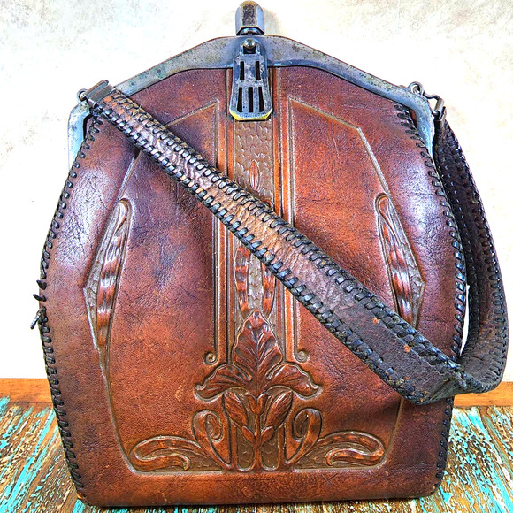 Vintage Hand Tooled Leather Purse Metal Clasp Early 1900s Art Nouveau Antique